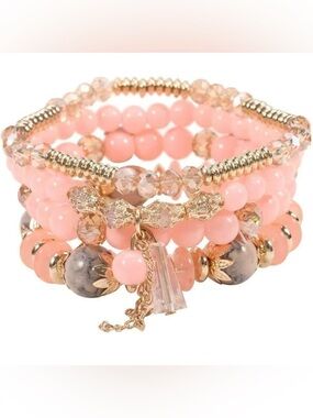 New! Pink/Gold Multi with Charm Beaded Stack Bracelet Set (NWT)